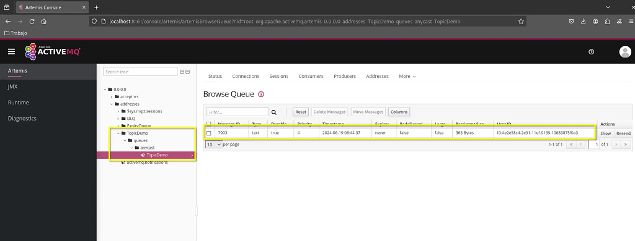 Confirmación de Llegada de Mensaje en ActiveMQ Artemis