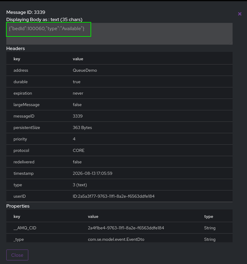 Detalle del Mensaje en ActiveMQ Artemis