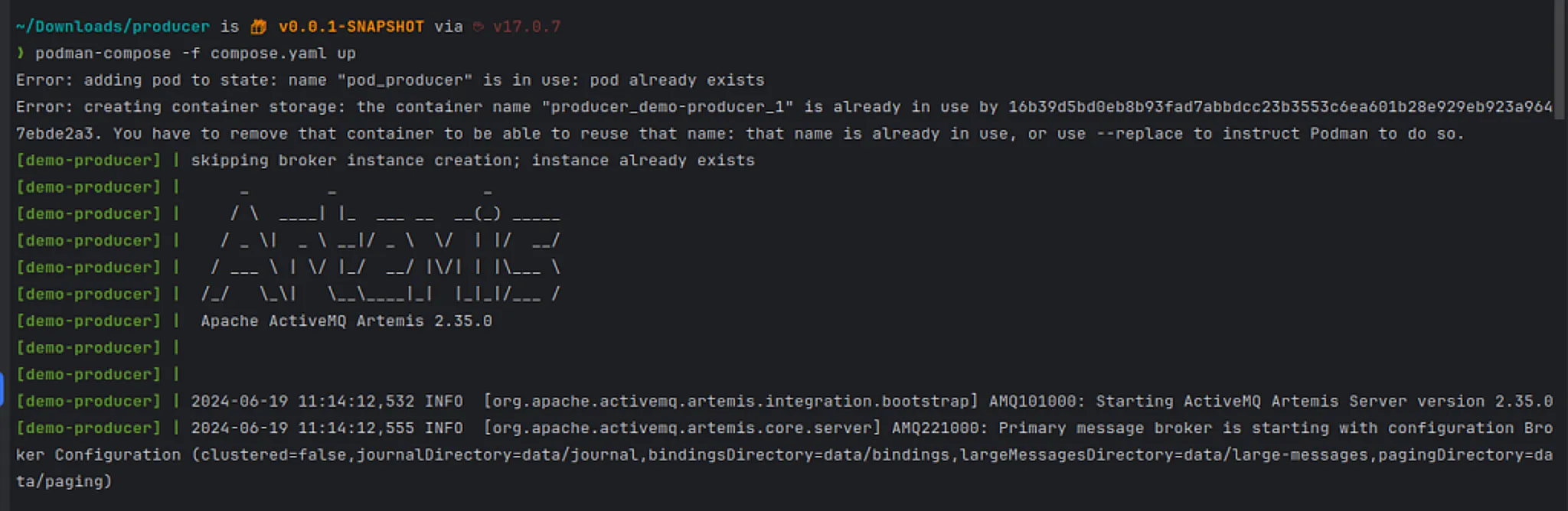 Contenedor de ActiveMQ Artemis Levantado