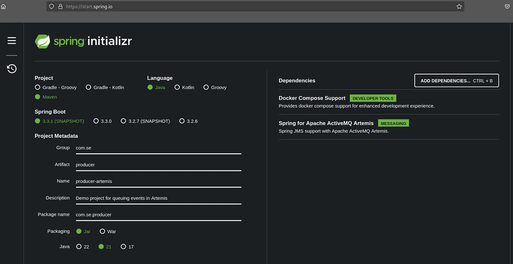 Creación de Proyecto en Spring Initializr para Producer