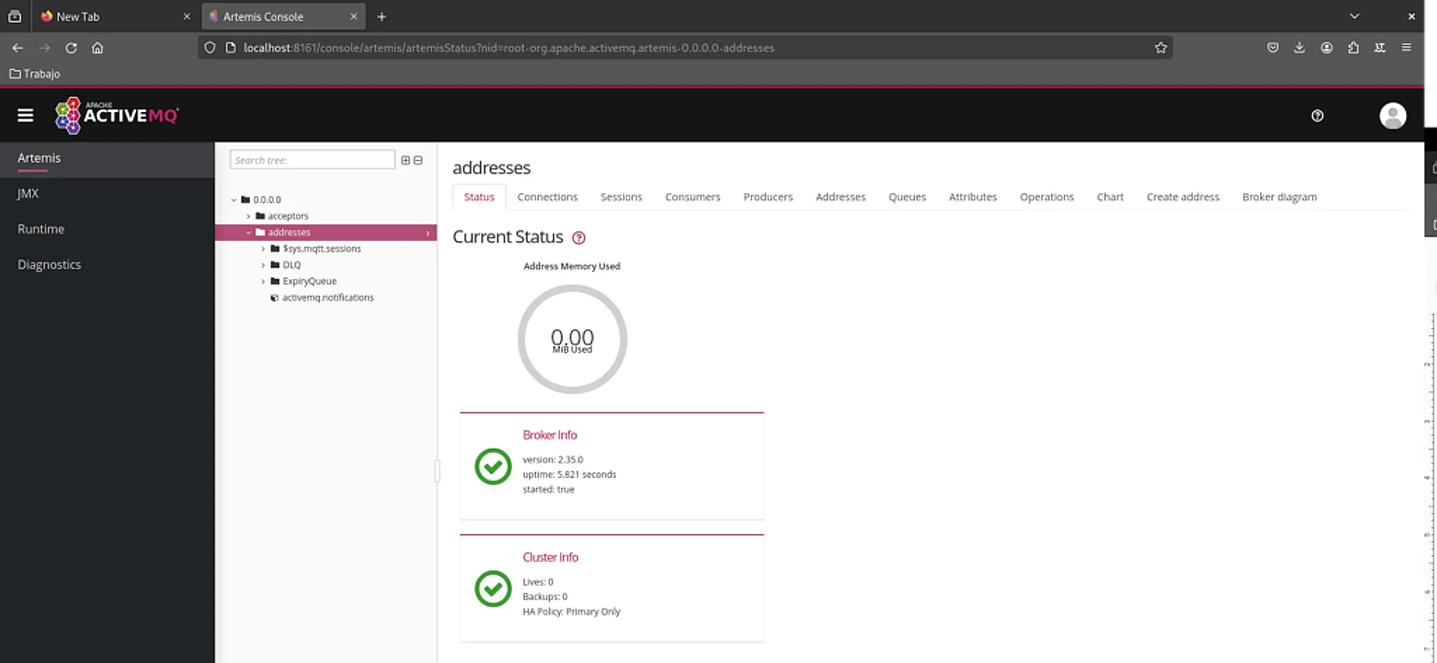 Pantalla de Inicio de ActiveMQ Artemis