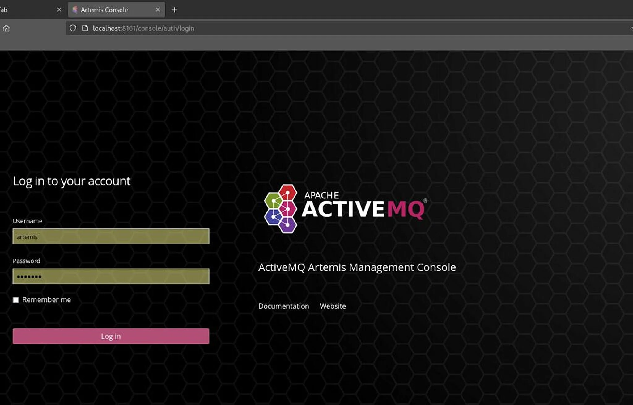 Pantalla de Logueo de ActiveMQ Artemis en Navegador