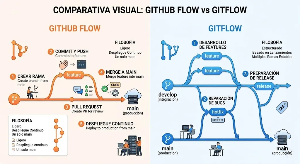 Comparativa entre GitHub Flow y GitFlow