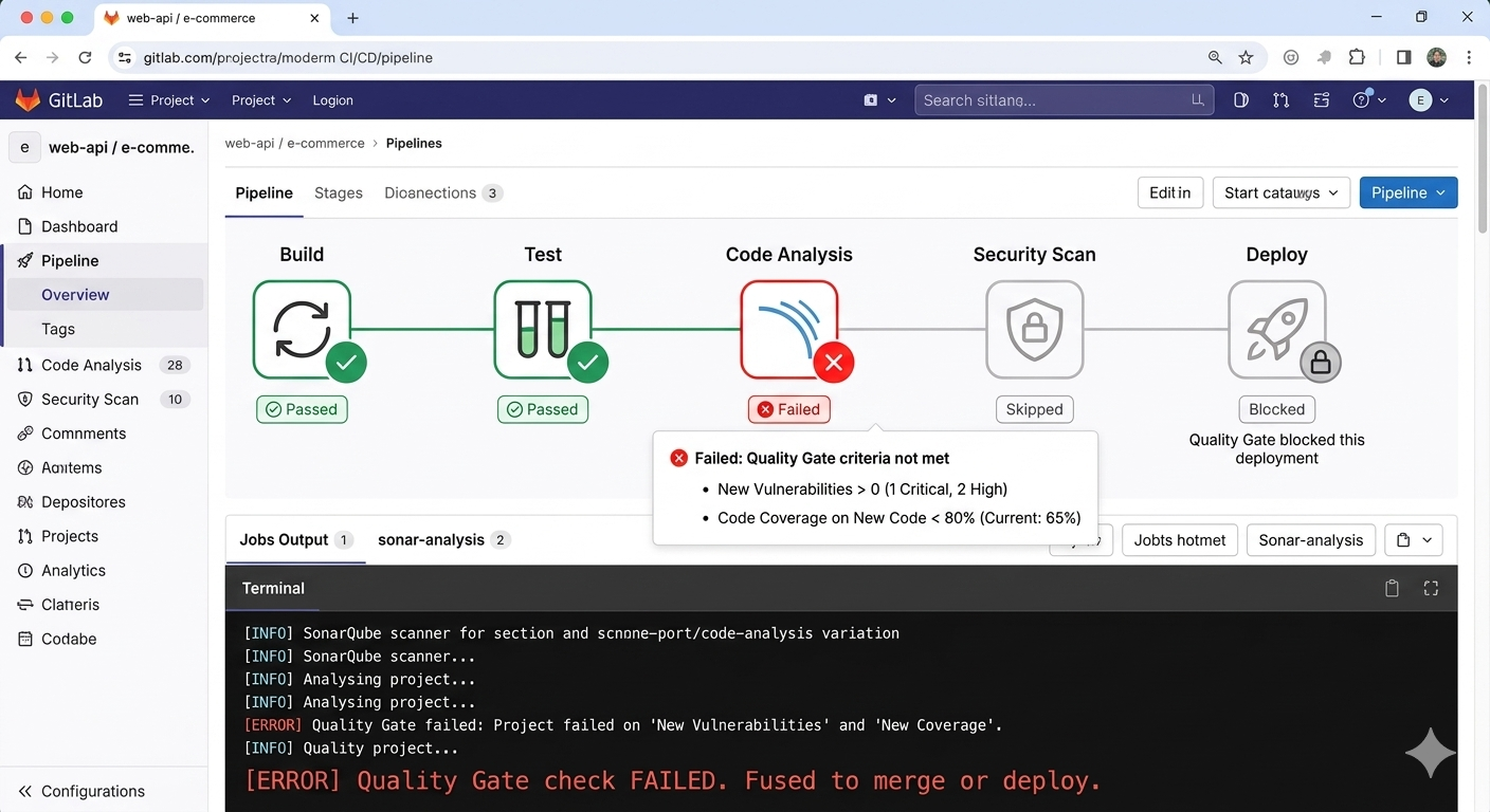 Ejemplo visual de un pipeline de CI/CD bloqueado por un Quality Gate de SonarQube