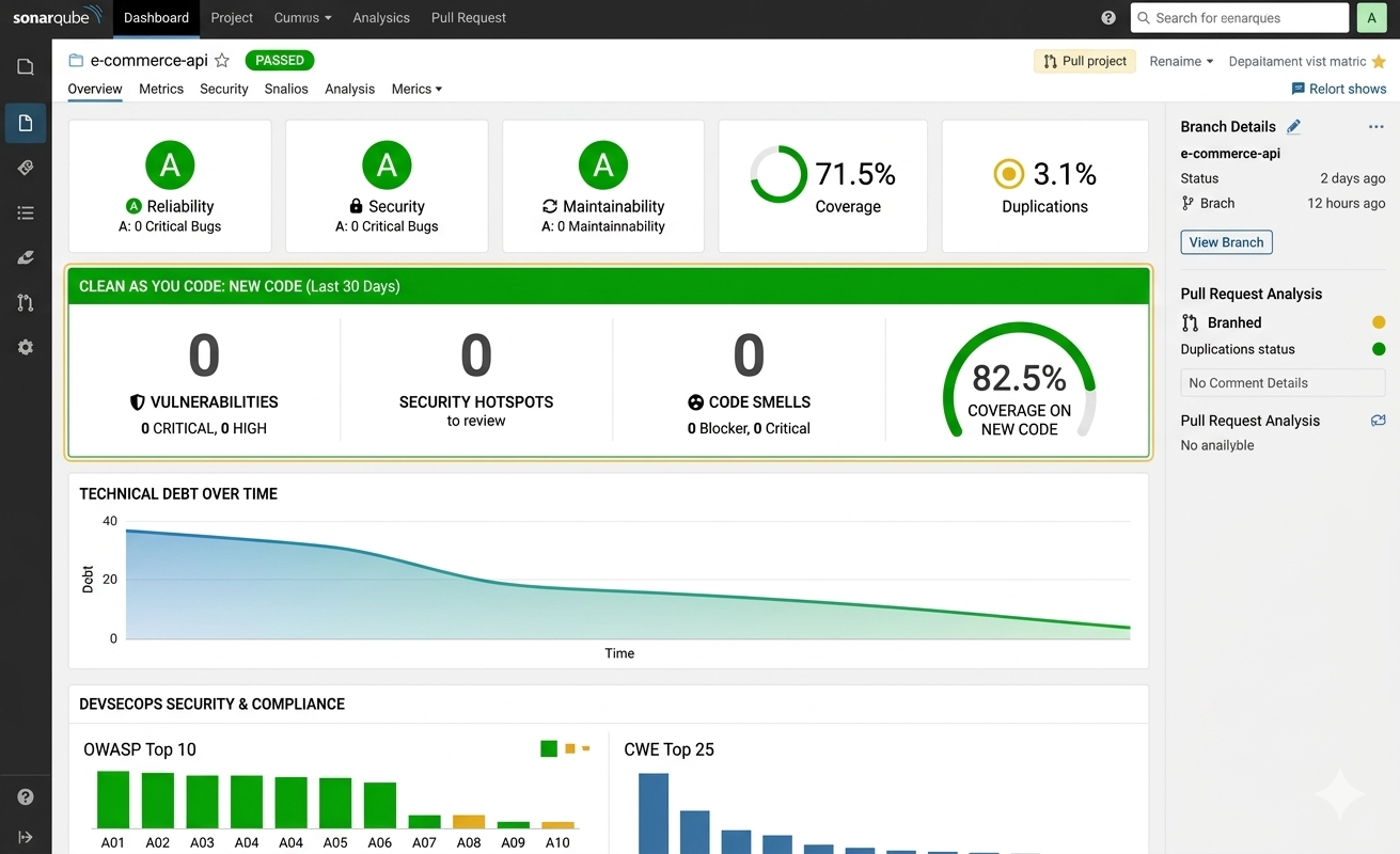 Dashboard de SonarQube mostrando métricas de Deuda Técnica, Cobertura y Vulnerabilidades