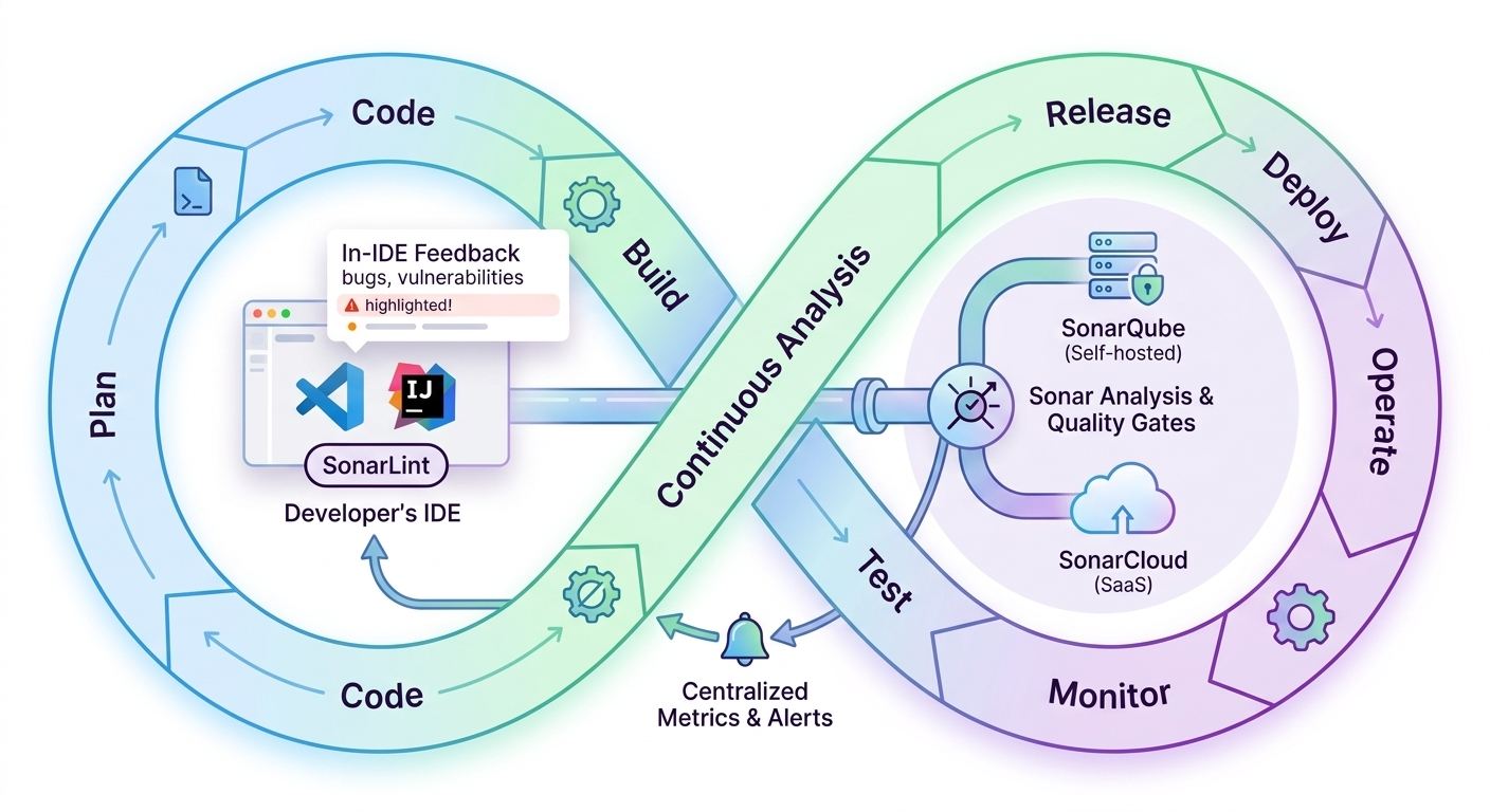 Diagrama del ecosistema Sonar integrado en un flujo DevSecOps moderno